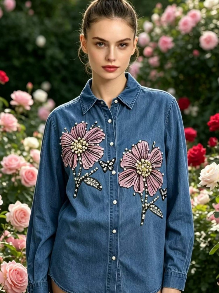 Women Denim Embroidery Blouses - Embroidery Cotton Shirt review and price