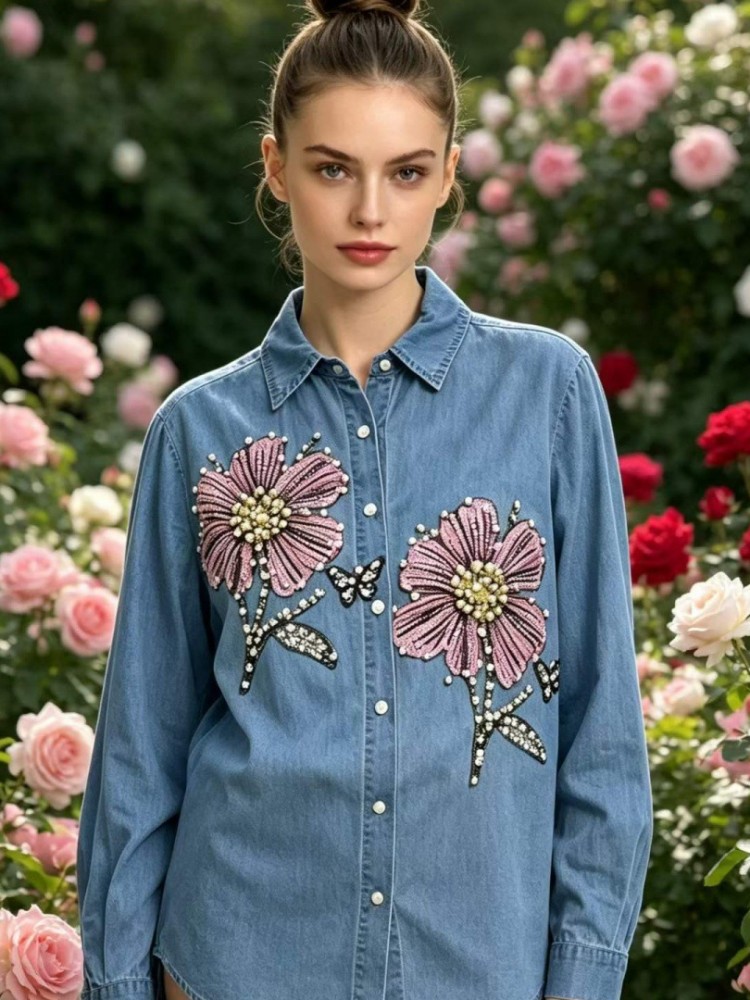 Women Denim Embroidery Blouses - Embroidery Cotton Shirt review and price