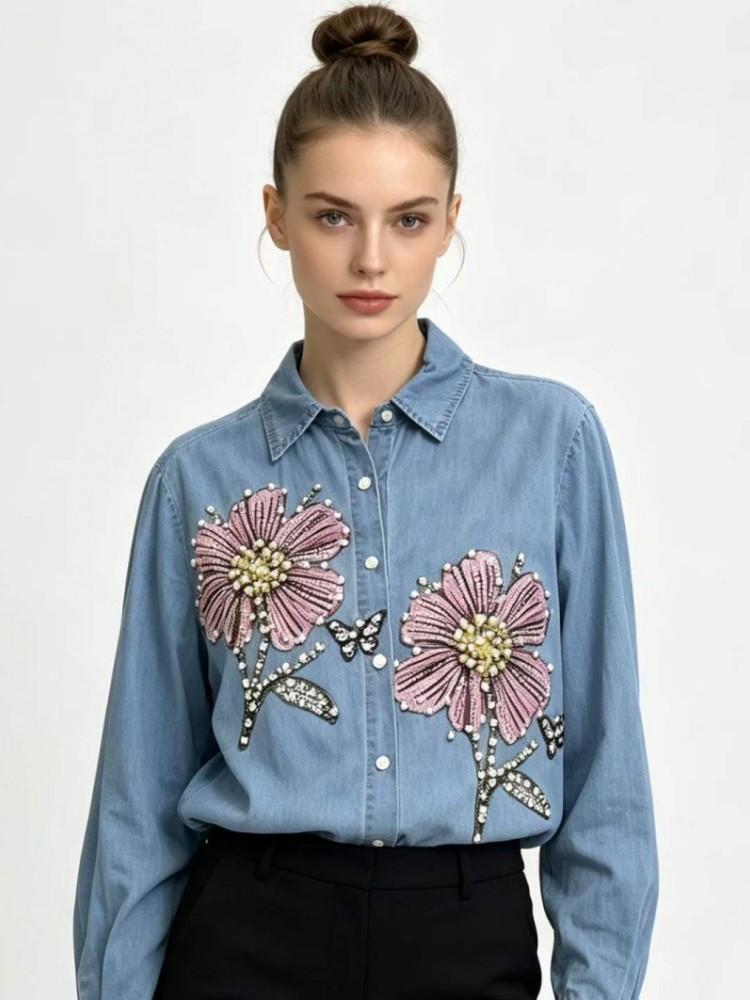 Women Denim Embroidery Blouses - Embroidery Cotton Shirt review and price