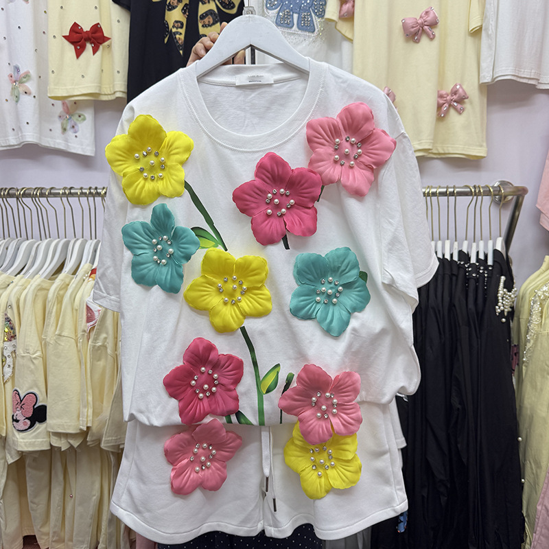 Summer Colorful 3D Flowers T-s - Embroidery Cotton Shirt review and price